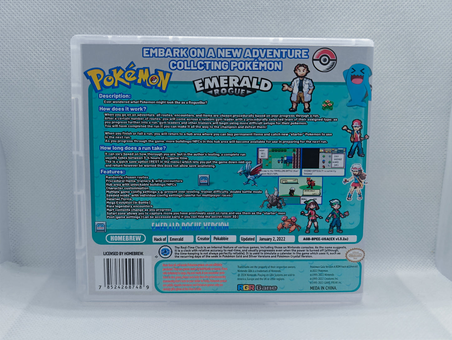 Pokemon Emerald Rogue GBA ROM Hack Cartridge With RTC And Case