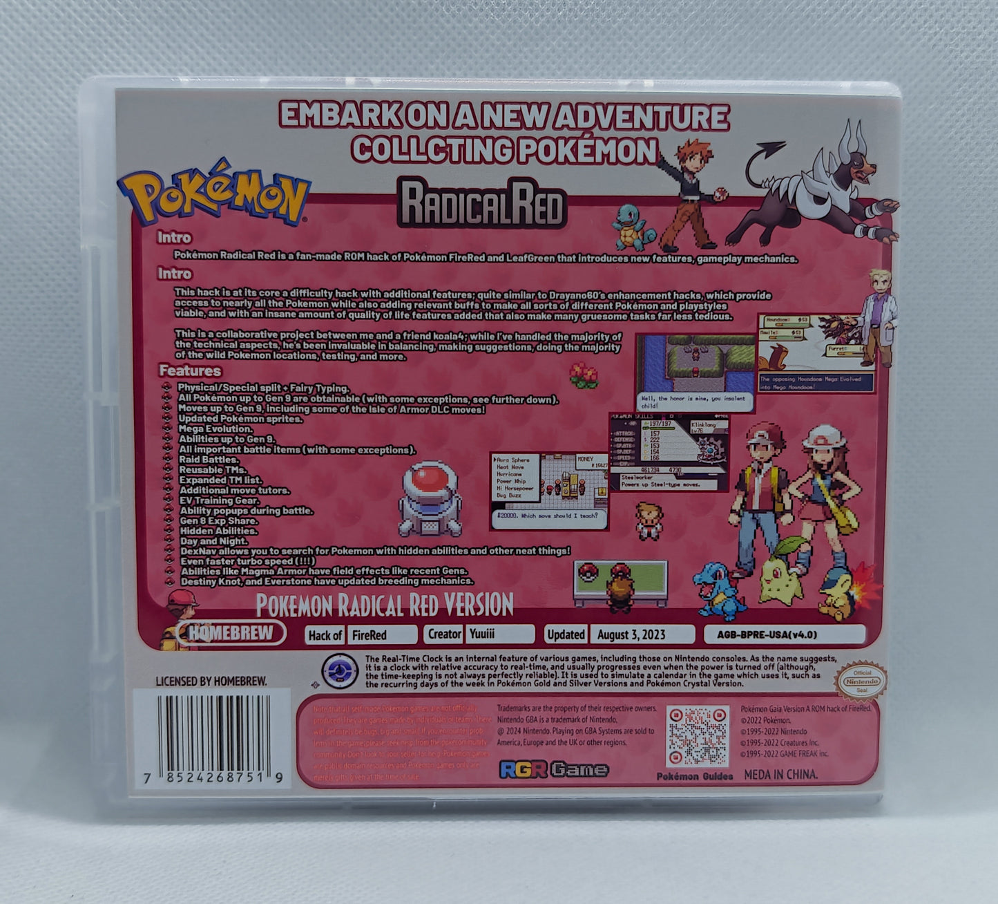 Pokemon Radical Red GBA ROM Hack Cartridge With RTC And Case