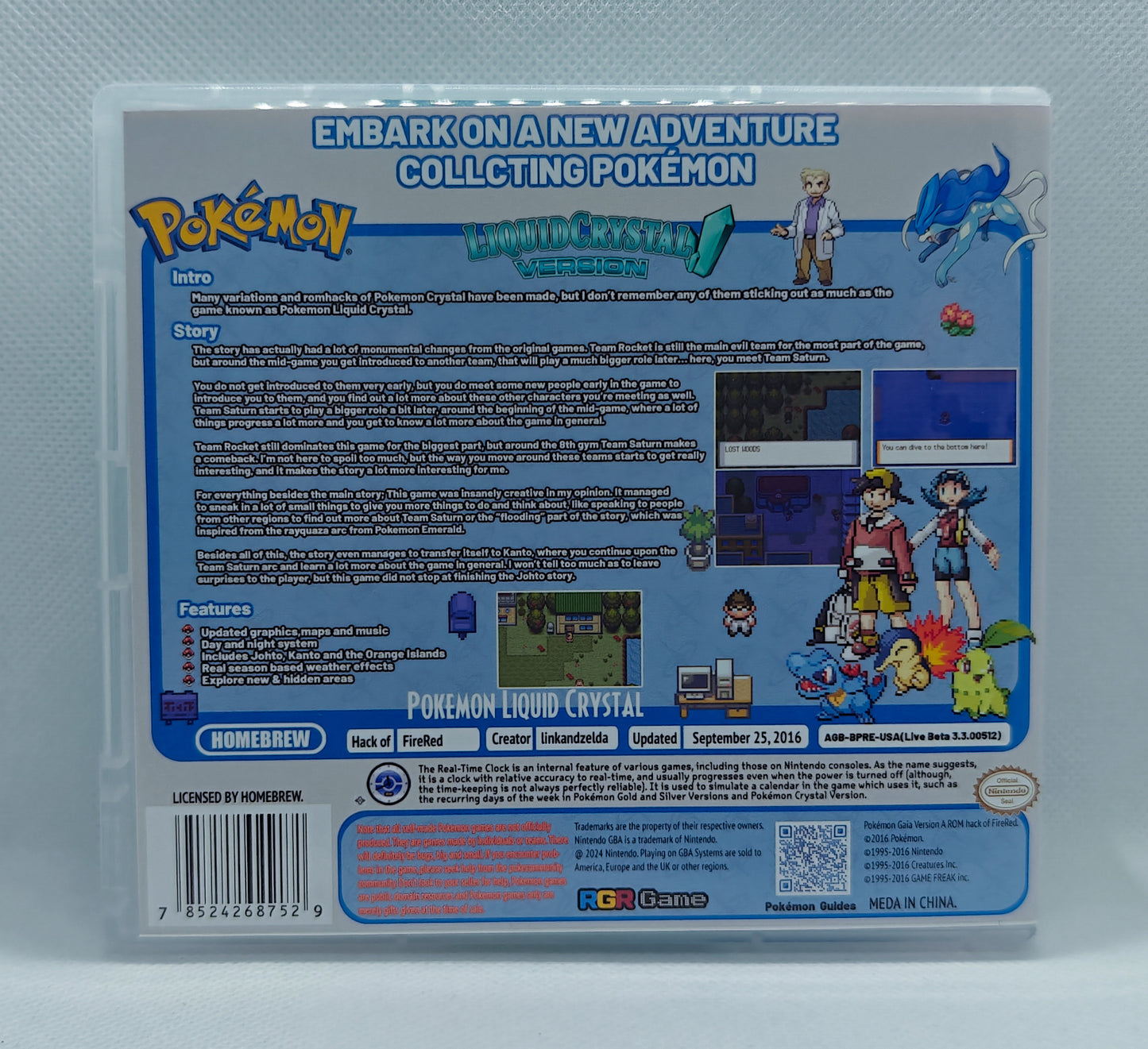 Pokemon Liquid Crystal GBA ROM Hack Cartridge With RTC And Case