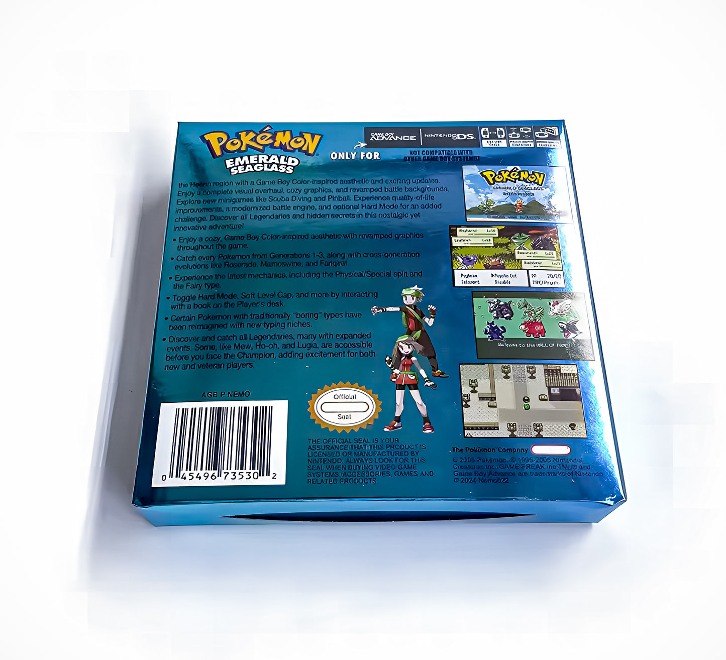 (Limited Edition) Pokemon Emerald Seaglass GBA ROM Hack Cartridge With Box (RTC)